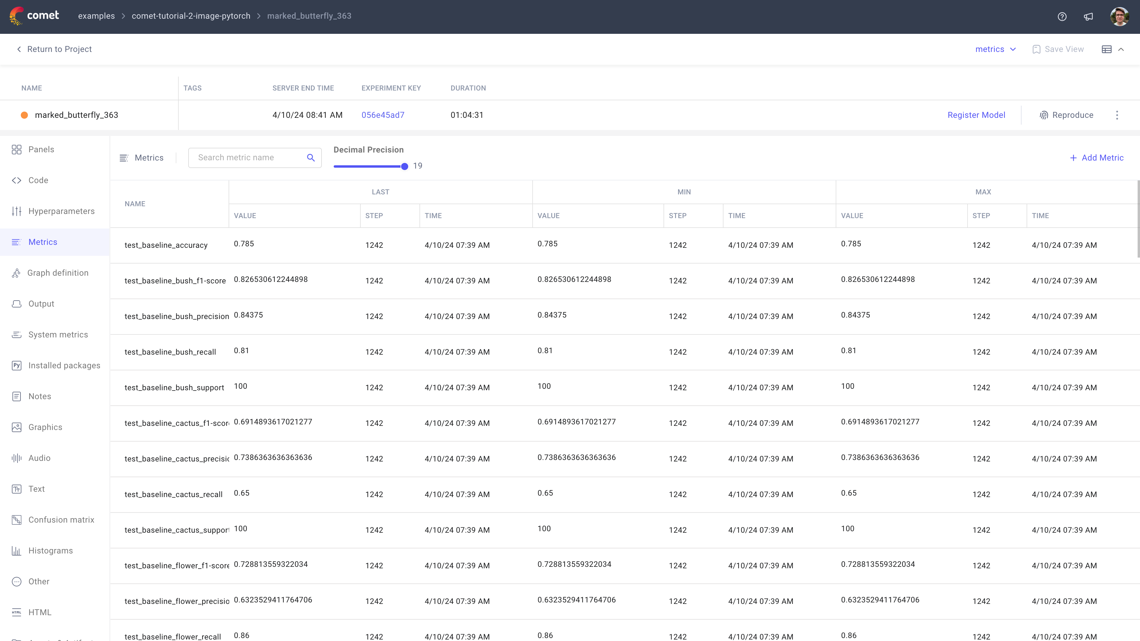 Example Metrics tab